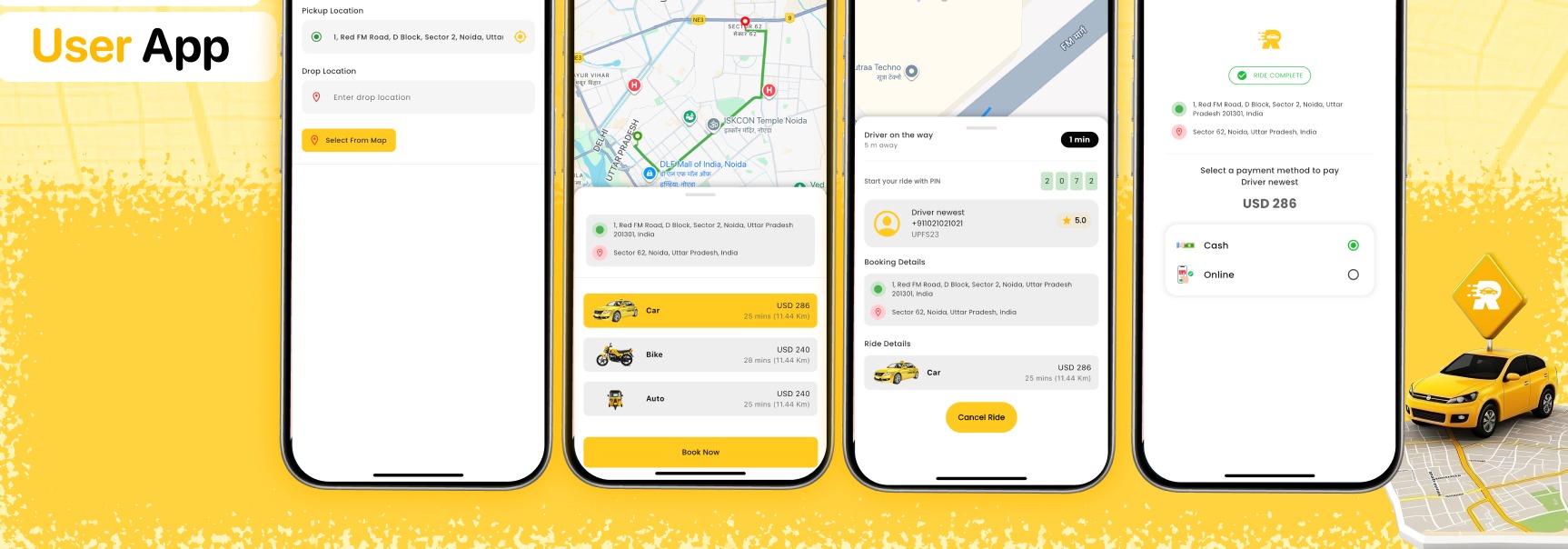 HerCab Rider App screens